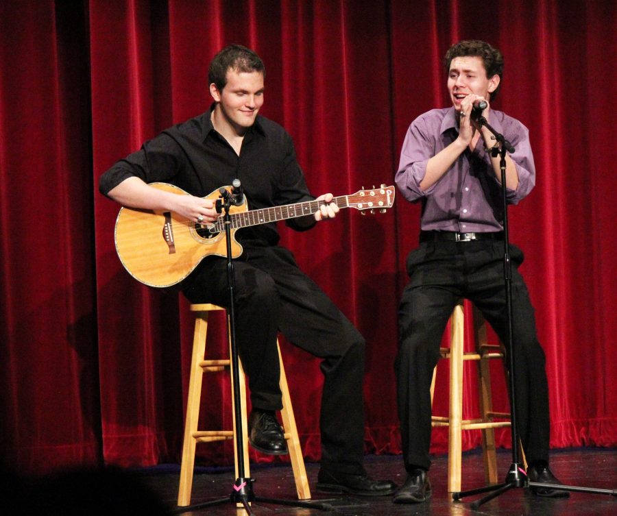 Senior Christian Aldride sings Everything by Michael Bible with senior Zach Polentini playing guitar at the 2012 Huntley High School Variety Show (Hannah Stutecky/The Voice)
