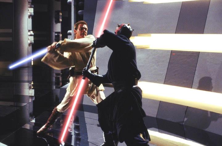 Obi-Wan Kenobi (Ewan McGregor, left) and Darth Maul (Ray Park) wage a fierce lightsaber battle.