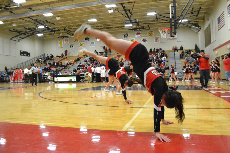 Tryouts for next years future cheerleading team were held this past week. Motivation and team loyalty serve as big factors for the six coaches and IHSA judges during tryouts (M. Krebs). 