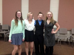 Katie Birky (left), Jenna Boyd, Austin Hill, and Emily Hill pose during rehearsal (H. Baldacci).