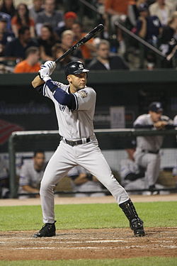 Derek Jeter in his trademark batting stance (Wikimedia Commons)