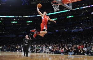 The Los Angeles Clippers' Blake Griffin flies through the air on his way to winning the NBA Dunk Contest as part of All-Star game festivities at the Staples Center in Los Angeles, California, on Saturday, February 19, 2011. (Wally Skalij/Los Angeles Times/MCT)