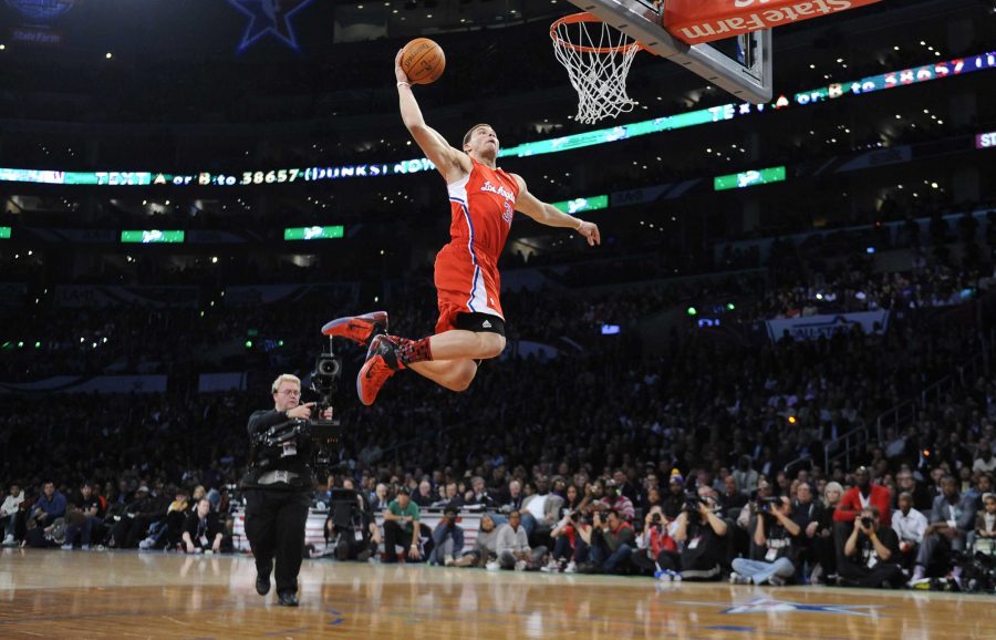 The Los Angeles Clippers Blake Griffin flies through the air on his way to winning the NBA Dunk Contest as part of All-Star game festivities at the Staples Center in Los Angeles, California, on Saturday, February 19, 2011. (Wally Skalij/Los Angeles Times/MCT)