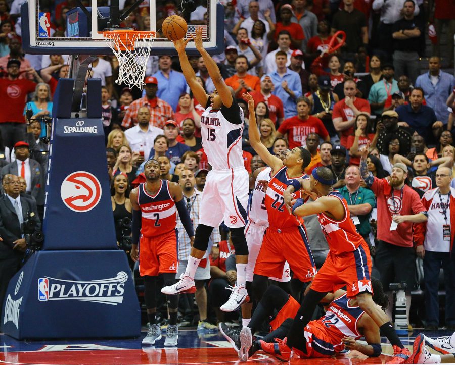 The Atlanta Hawks Al Horford hits the game-winning shot to beat the Washington Wizards, 82-81, in Game 5 of the Eastern Conference semifinals on Wednesday, May 13, 2015, at Philips Arena in Atlanta. The win gives the Hawks a 3-2 series lead. (Curtis Compton/Atlanta Journal-Constitution/TNS)