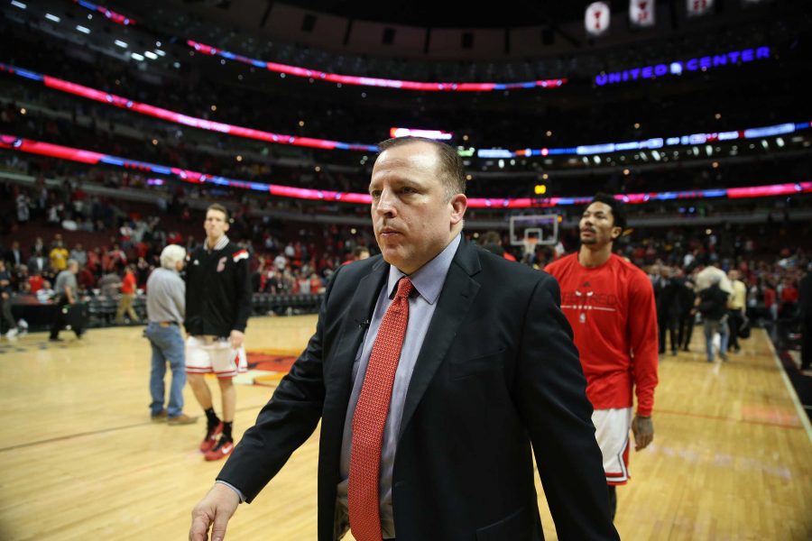 Chicago Bulls head coach Tom Thibodeau and guard Derrick Rose walk off the court after a 94-73 loss against the Cleveland Cavaliers in Game 6 of the Eastern Conference semifinals at the United Center in Chicago on Thursday, May 14, 2015. The loss eliminated the Bulls. (Chris Sweda/Chicago Tribune/TNS)