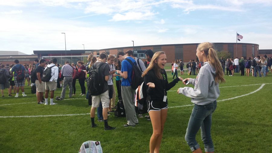 Huntley High School students participating in third hour fire drill.