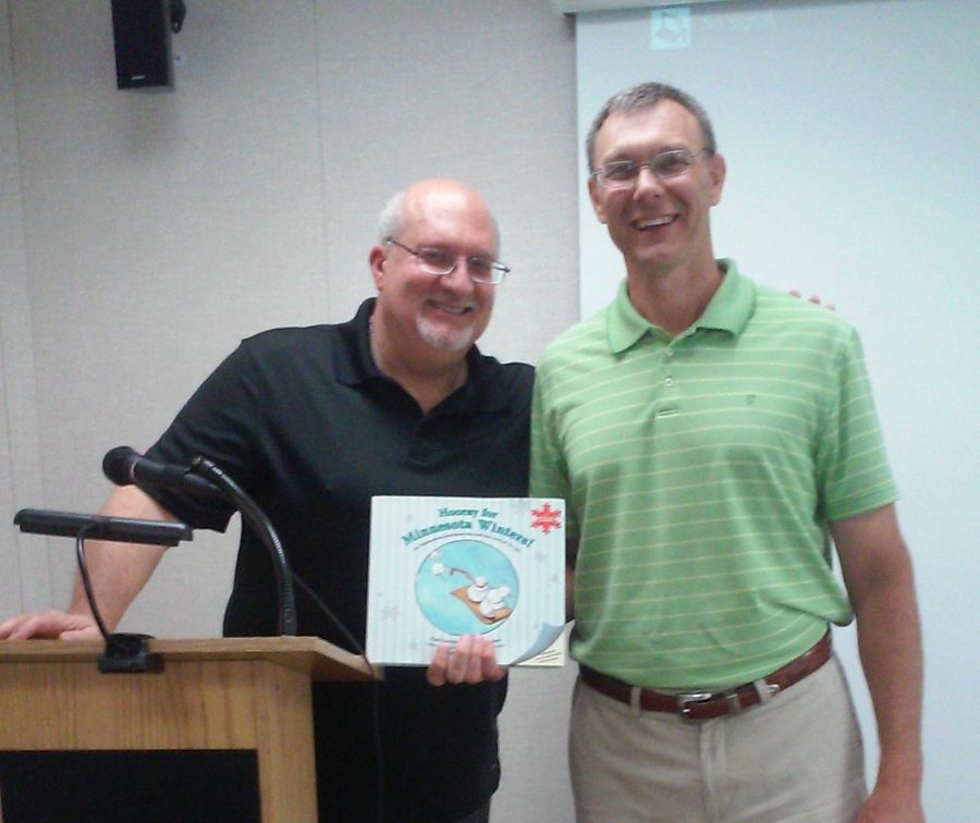 Bret Nicholaus (right) and Joseph Durepos (left) at the Huntley Library for their presentation.