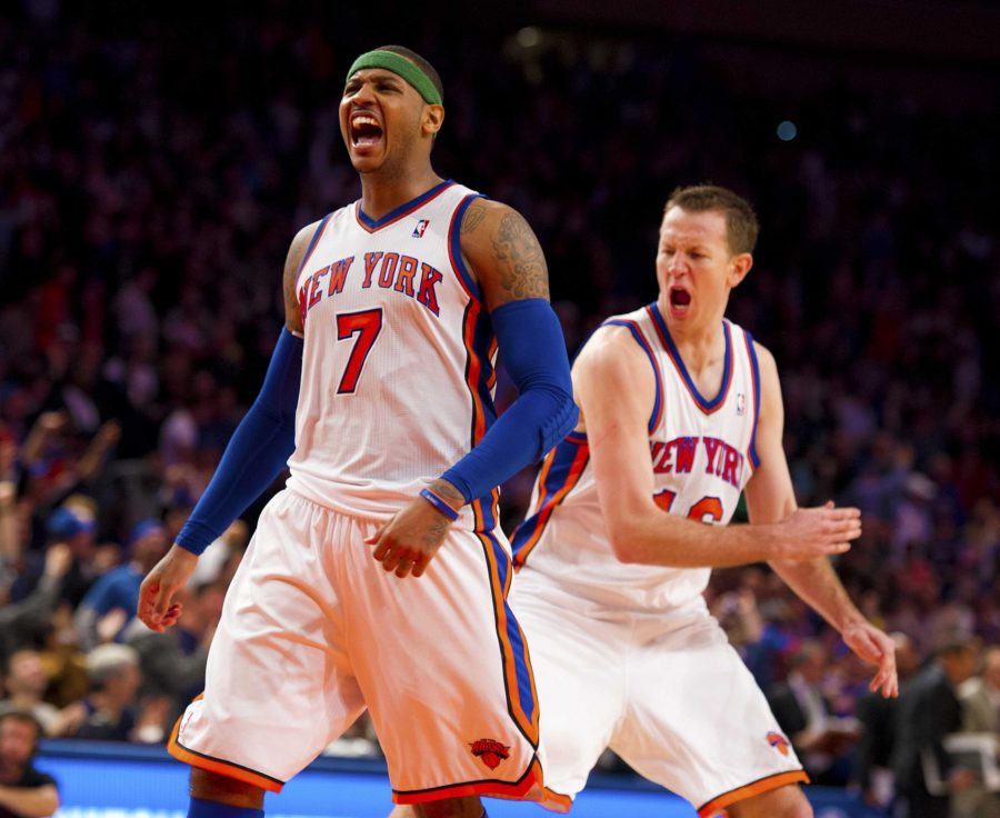 New York Knicks Carmelo Anthony celebrates with Steve Novak after scoring the tying basket against the Chicago Bulls to send the game into overtime at Madison Square Garden in New York, Sunday, April 8, 2012. The Knicks beat the Bulls, 100-99 in overtime. (Errol Anderson/Newsday/MCT)