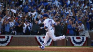 Chicago Cubs left fielder Kyle Schwarber (12) rounds the bases after his second-inning home run on Monday, Oct. 12, 2015, at Wrigley Field in Chicago. (Brian Cassella/Chicago Tribune/TNS via Getty Images)