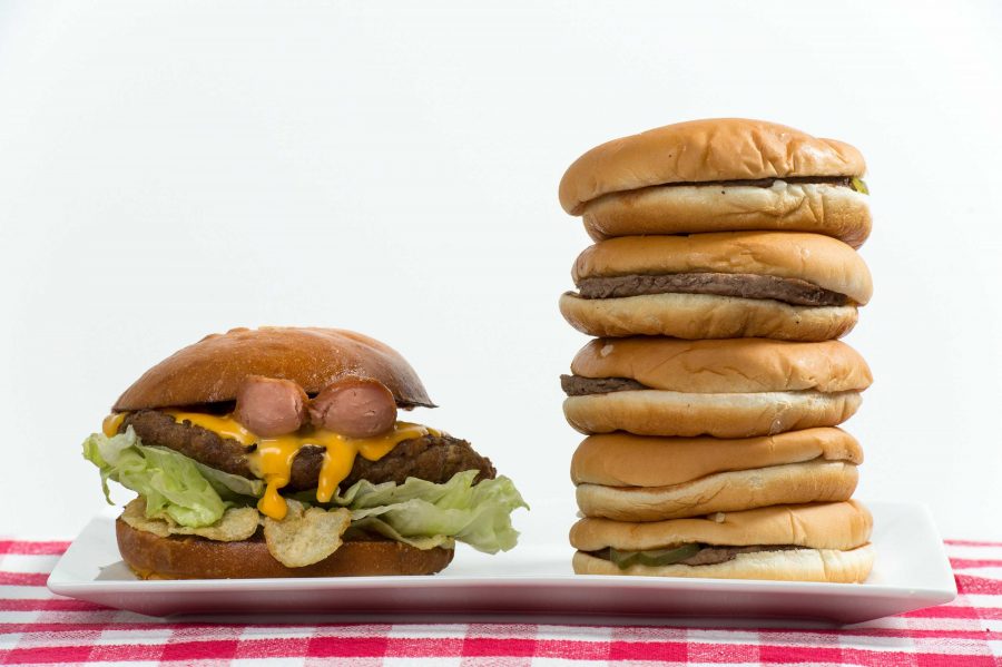 The 1/2 lb. Most American Thickburger from Carls Jr., left, is comparable in calories to five hamburgers from McDonalds, right. (Lezlie Sterling/Sacramento Bee/TNS)