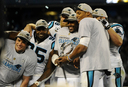 Cam Newton poses with his Carolina Panthers after winning the NFC Championship (Courtesy of MCT Campus).