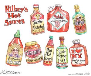 The eight infamous bottles of Hillary's Hot Sauces (Courtesy of http://www.politico.com/wuerker/).
