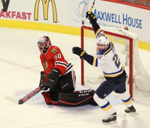 The St. Louis Blues' Alexander Steen, right, reacts after teammate Alex Pietrangelo, not pictured, scored past Chicago Blackhawks goaltender Corey Crawford in the first period during Game 6 of the Western Conference quarterfinals on Saturday, April 23, 2016, at the United Center in Chicago. The Blackhawks won, 6-3, to even the series. (Chris Lee/St. Louis Post-Dispatch/TNS)