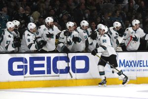 The San Jose Sharks' Chris Tierney high-fives teammates after scoring a first-period goal against the Los Angeles Kings during Game 5 of the Western Conference quarterfinals at Staples Center in Los Angeles on Friday, April 22, 2016. (Robert Gauthier/Los Angeles Times/TNS)