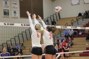 Seniors Alyson Dion and Caitlin Thorelius block the ball (Courtesy of J. Link).