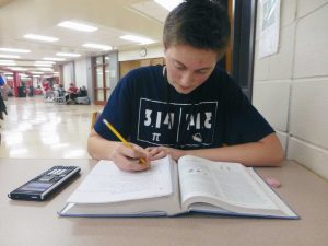 Roller sits and works on his math homework. 