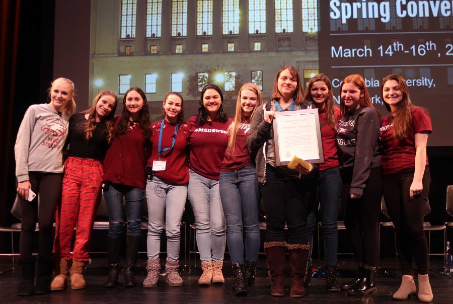 The Eagle Eye staff of Marjorie Stoneman Douglas High School after receiving their gold crown award at the Columbia Scholastic Press Association (Courtesy of M. Simons, CSPA).