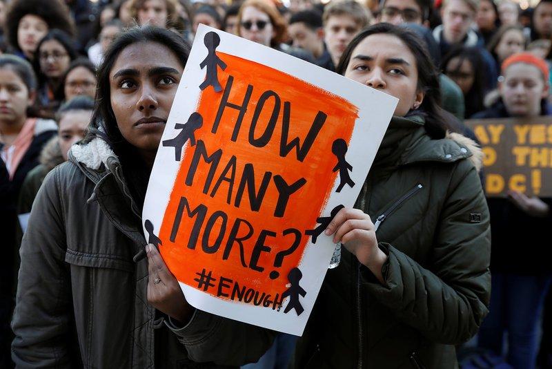 Students in New York City participating in the National School Walkout. (Photo credit: Reuters/Shannon Stapleton)