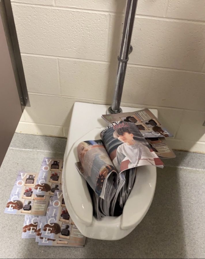 Pictured after students threw The Voice magazines into the toilet.