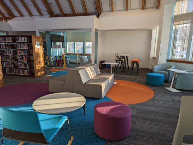 Huntley Library’s new teen hideout offers comfy and conventional seating. 