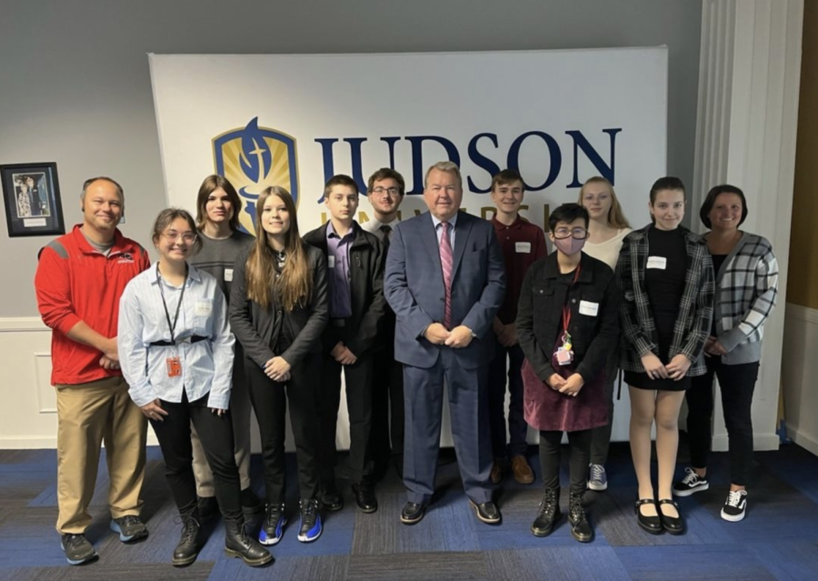 Huntley High School students photographed with Senator DeWitte at Judson University.
