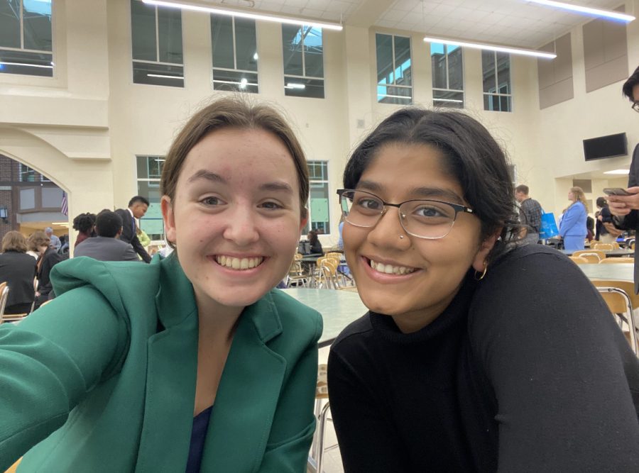 Ava Burns and Meenakshi Swaminathan at one of their many meets of the Speech Team season.