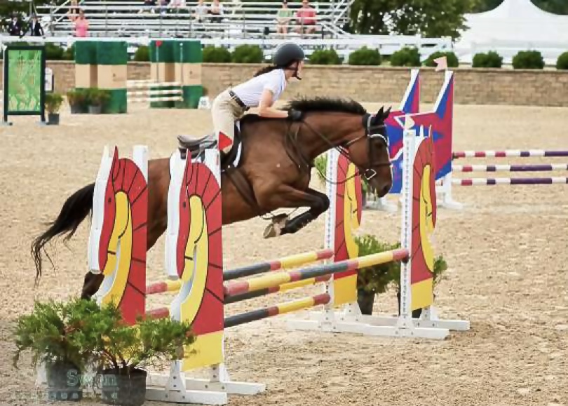 Williams and Clover the horse jumping over an obstacle. 