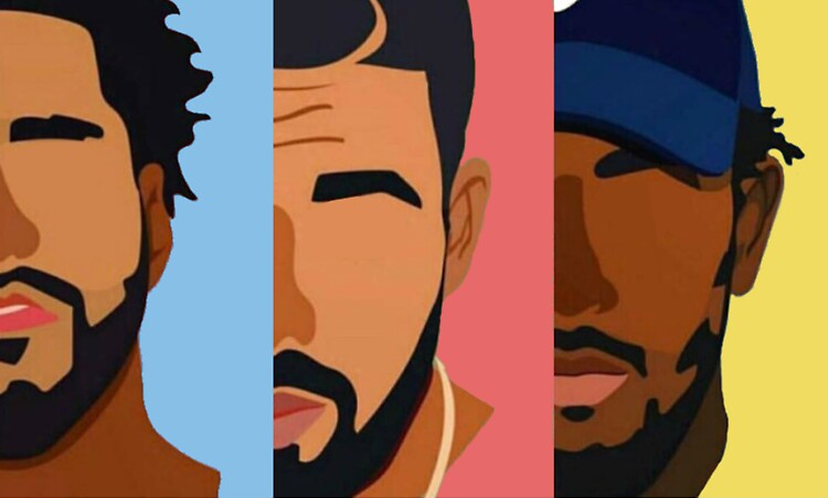 Cartoon art of J. Cole (left), Drake (center), and Kendrick Lamar (right).