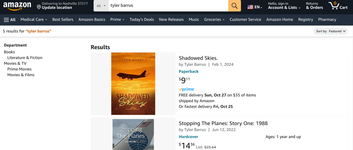 Tyler Barrus’ Amazon page, where anyone can purchase his many short stories in paperback copies.