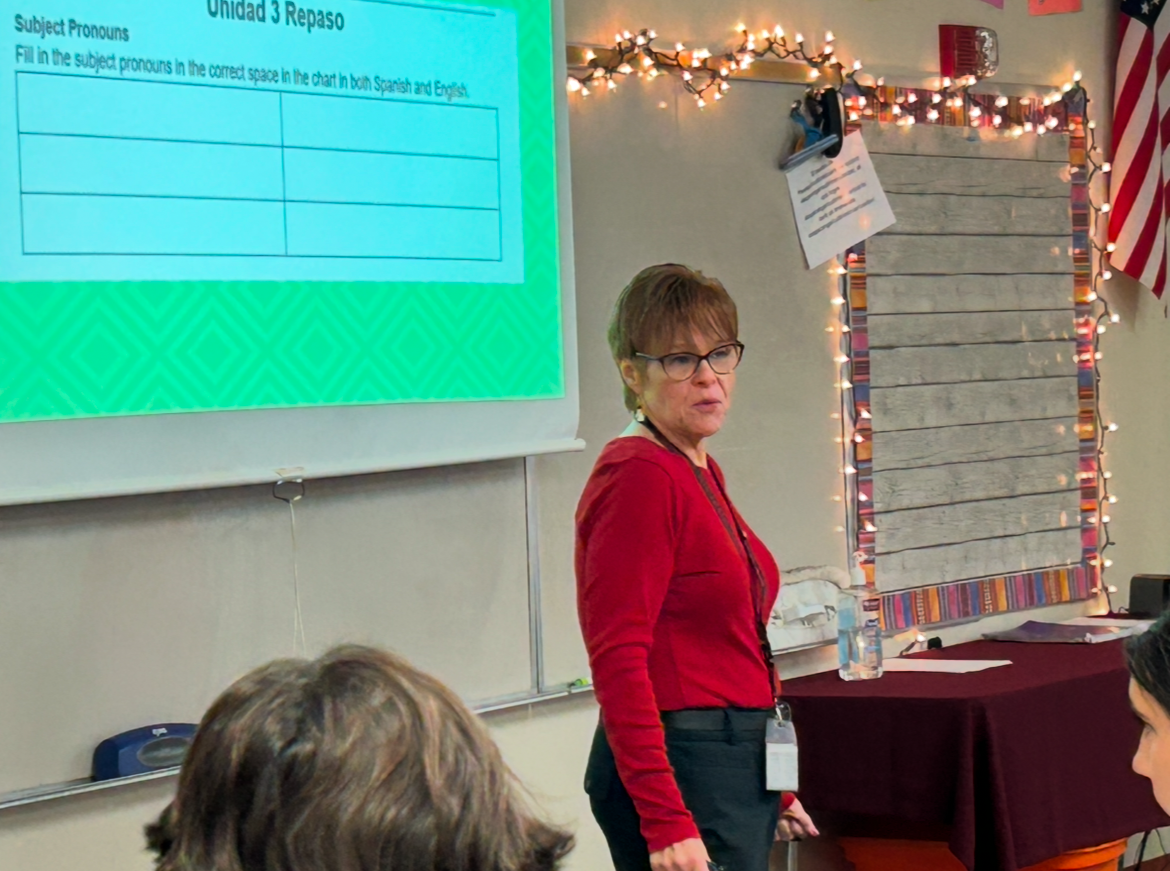 Valerie Hacker sharing the instructions for her Spanish I students’ review. 
