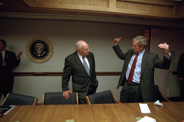 President George W. Bush (right) speaks with Vice President Dick Cheney (left) in the White House Situation Room on September 11, 2001, hours after the attacks that would define their administration.
Photo provided by National Archives / George W. Bush Presidential Library
